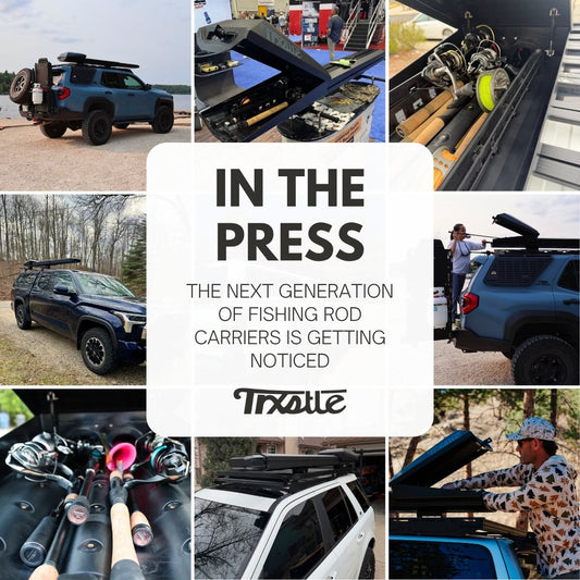 Trxstle ARC adjustable rooftop fishing rod carrier mounted on a vehicle with fully rigged rods